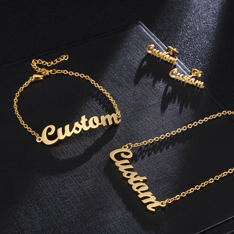 [Customized] Stainless Steel Name Necklace Plated Real Gold English Letter Bracelet Earrings Hot Sale