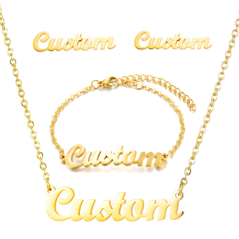 [Customized] Stainless Steel Name Necklace Plated Real Gold English Letter Bracelet Earrings Hot Sale