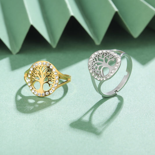 Stainless Steel Point Drill Hollow Tree Opening Ring Jewelry